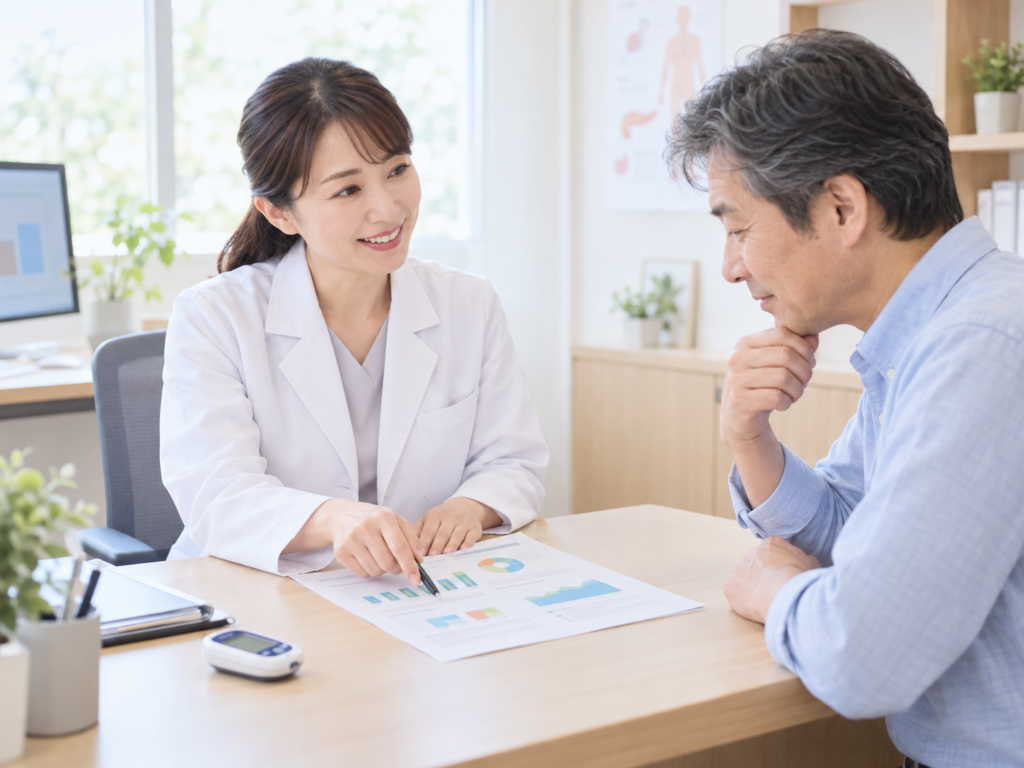 医師が健康診断の結果用紙を指しながら、患者さんに説明している様子