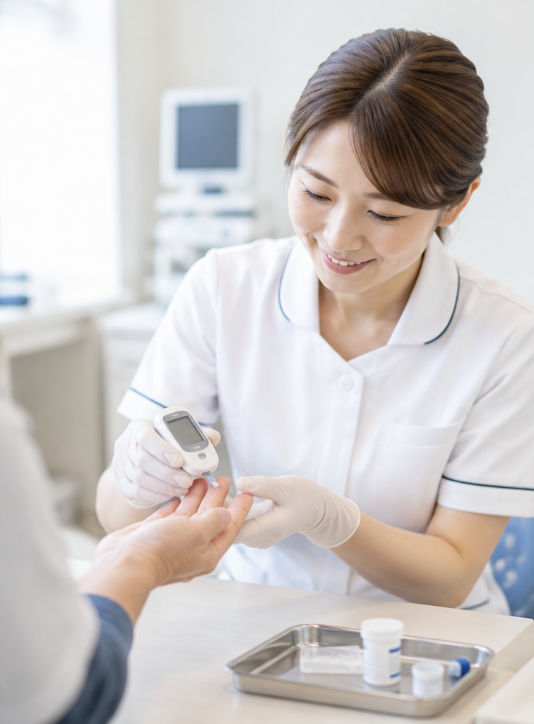 看護師が血糖測定器で患者さんの指先から血糖値を測っている様子