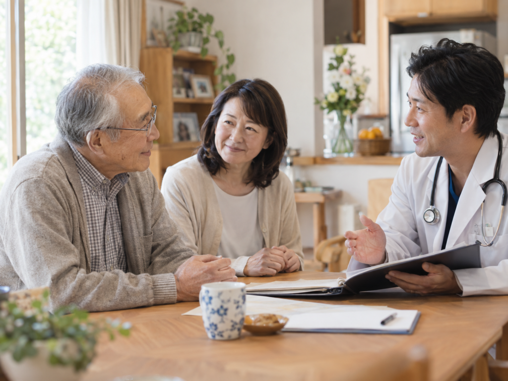 自宅の食卓で、医師が高齢の男性とご家族と今後の医療やケアについて話し合っている様子