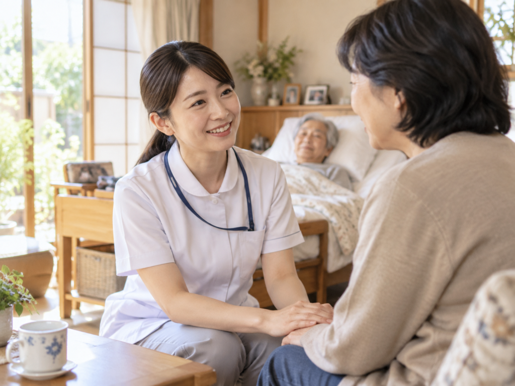 自宅で介護するご家族の手を取り、看護師が笑顔で話を聞いている様子