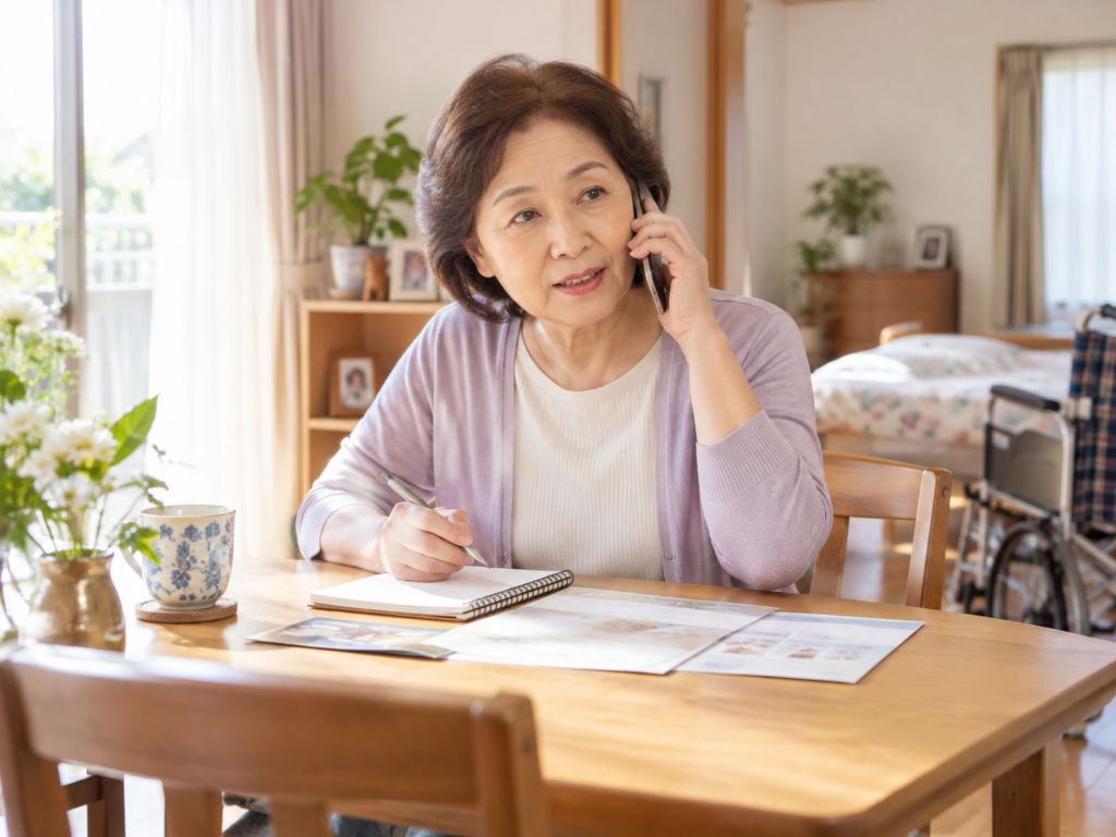 自宅でメモを取りながら、訪問診療について電話で相談している女性