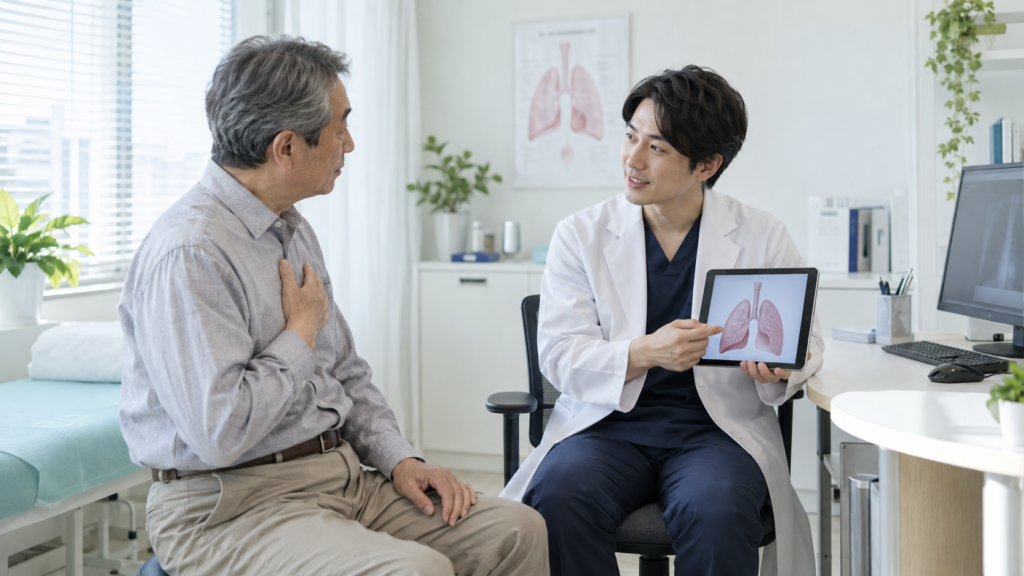 医師がタブレットで肺のイラストを見せながら、胸に手を当てた患者さんに説明している様子
