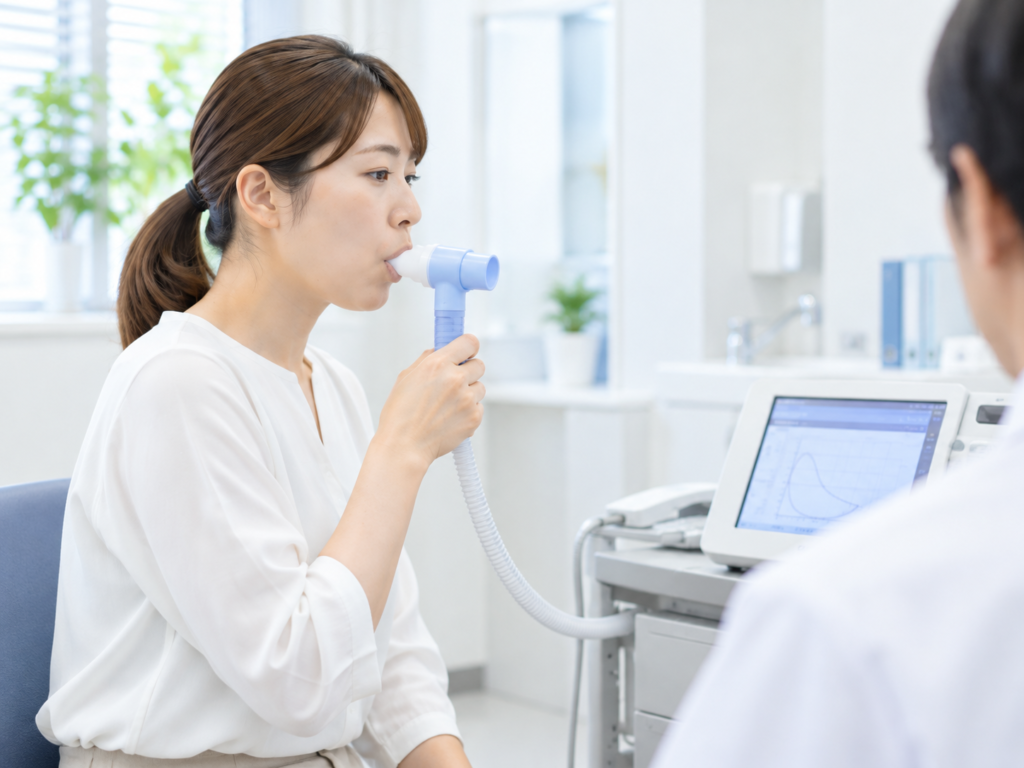呼吸機能検査(スパイロメトリー)で筒をくわえて息を吐いている女性